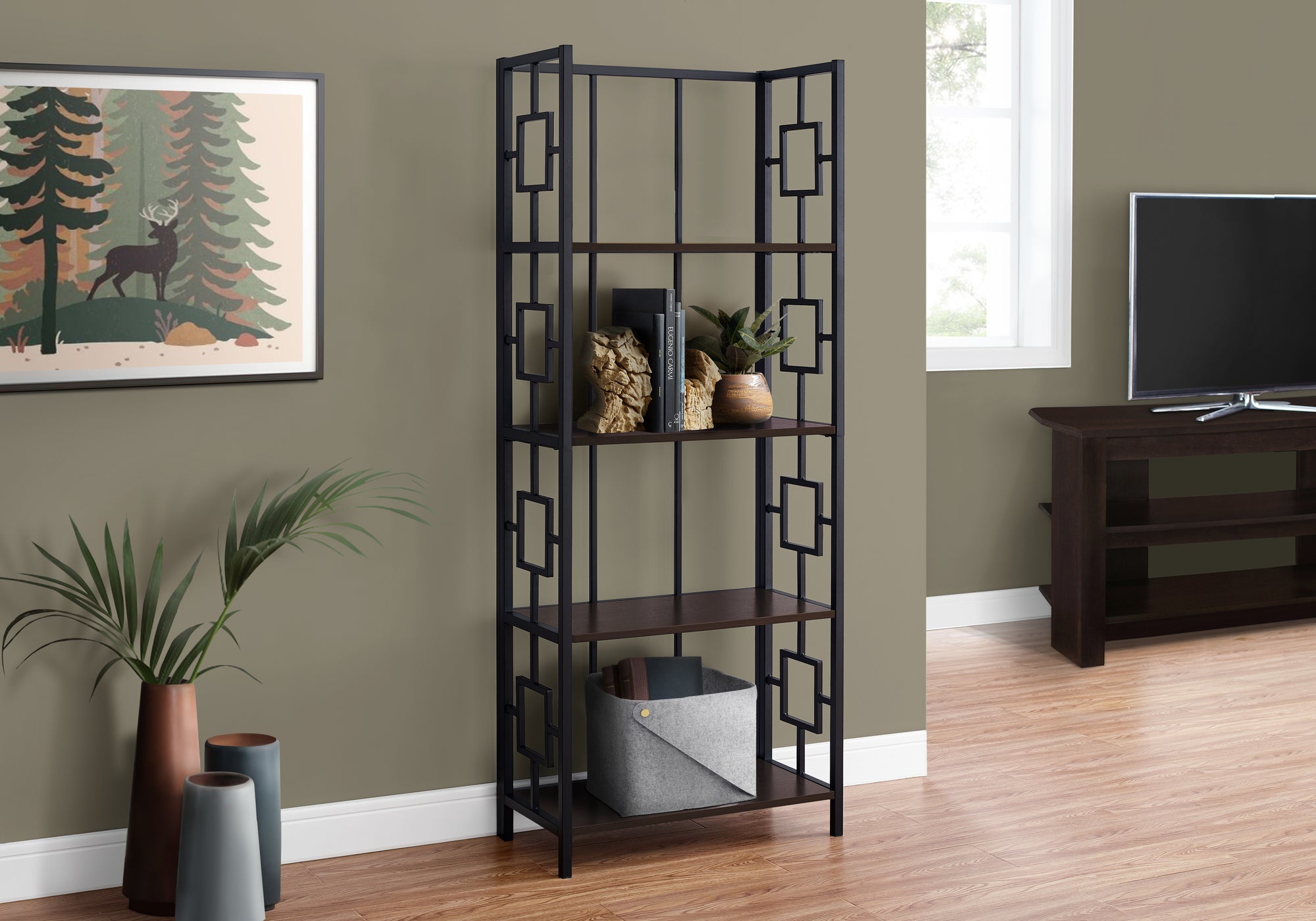 BOOKCASE - 62"H / ESPRESSO / BLACK METAL ETAGERE-Bookshelf-DECOROLALA