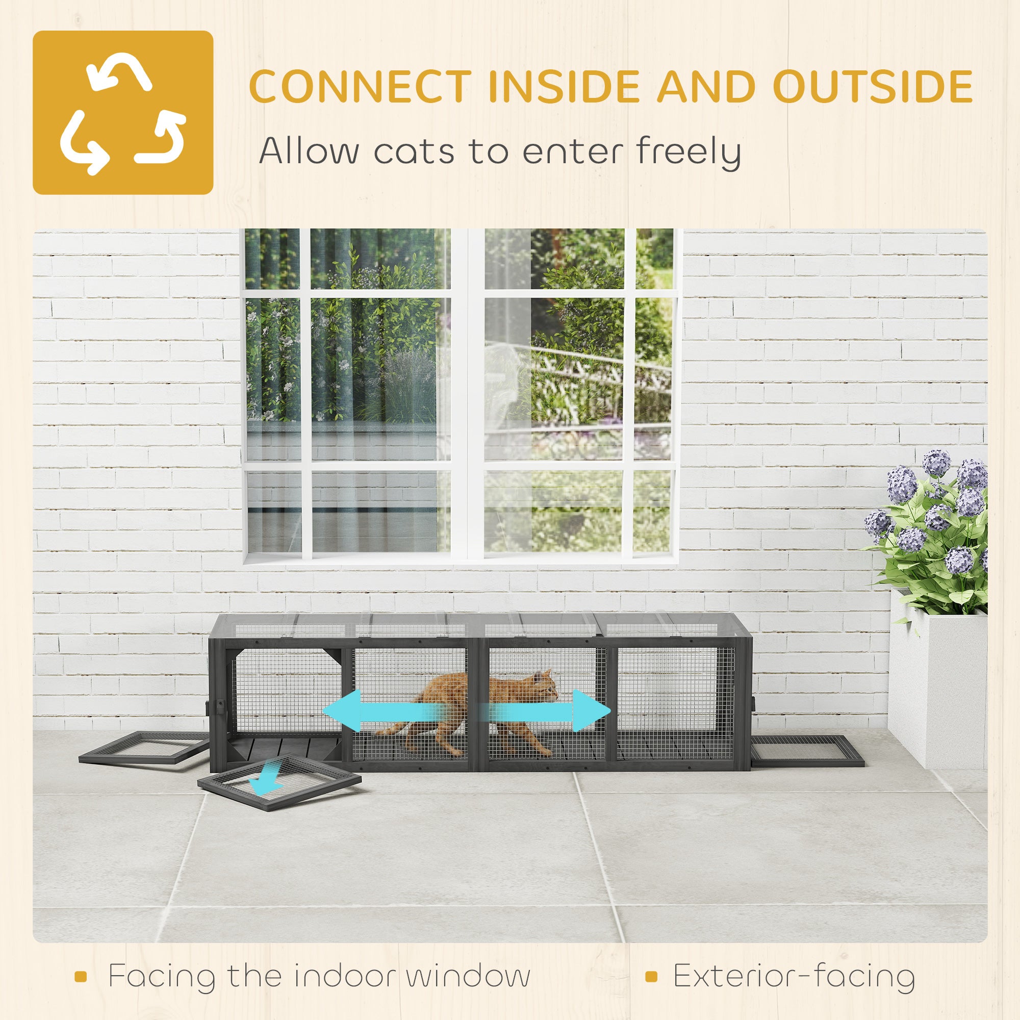 Outdoor Cat Tunnel, Wooden Play Cat Enclosure, Extendable Pet Run with 3 Doors, for Indoor and Outdoor Use, Grey