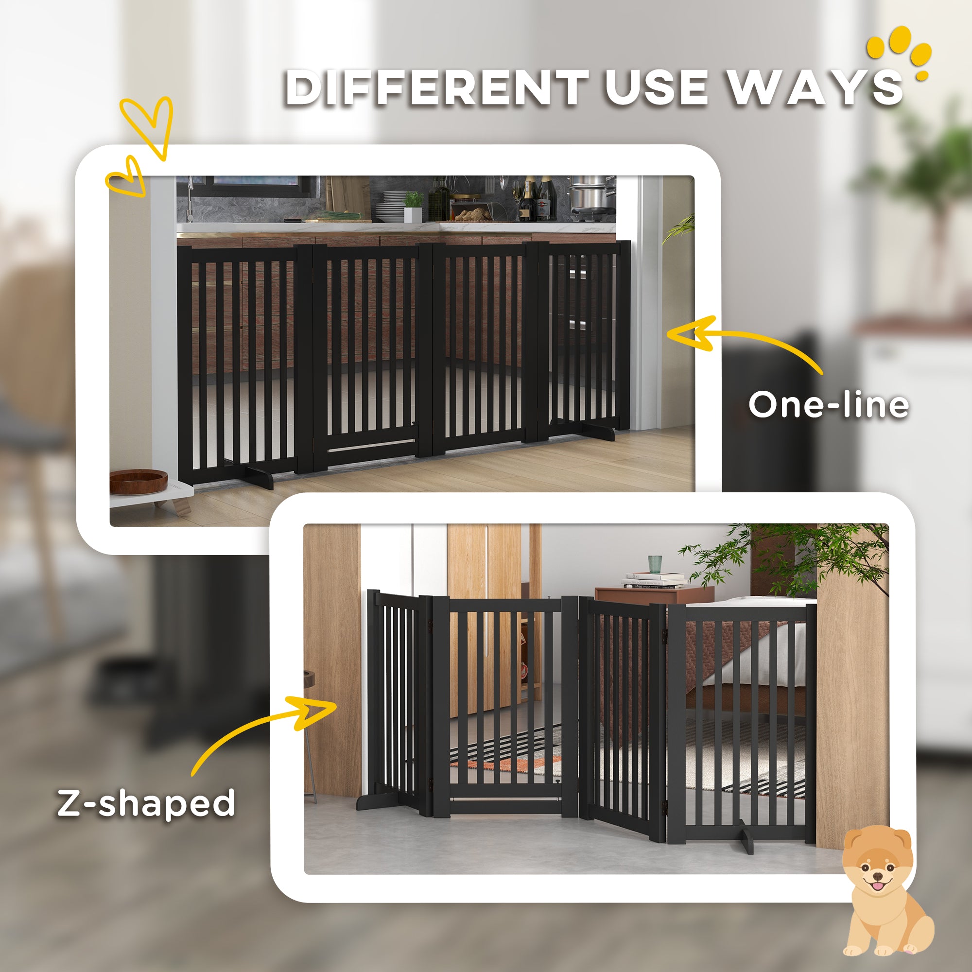 4 Panel Free Standing Wooden Pet Gate with Open Door Black