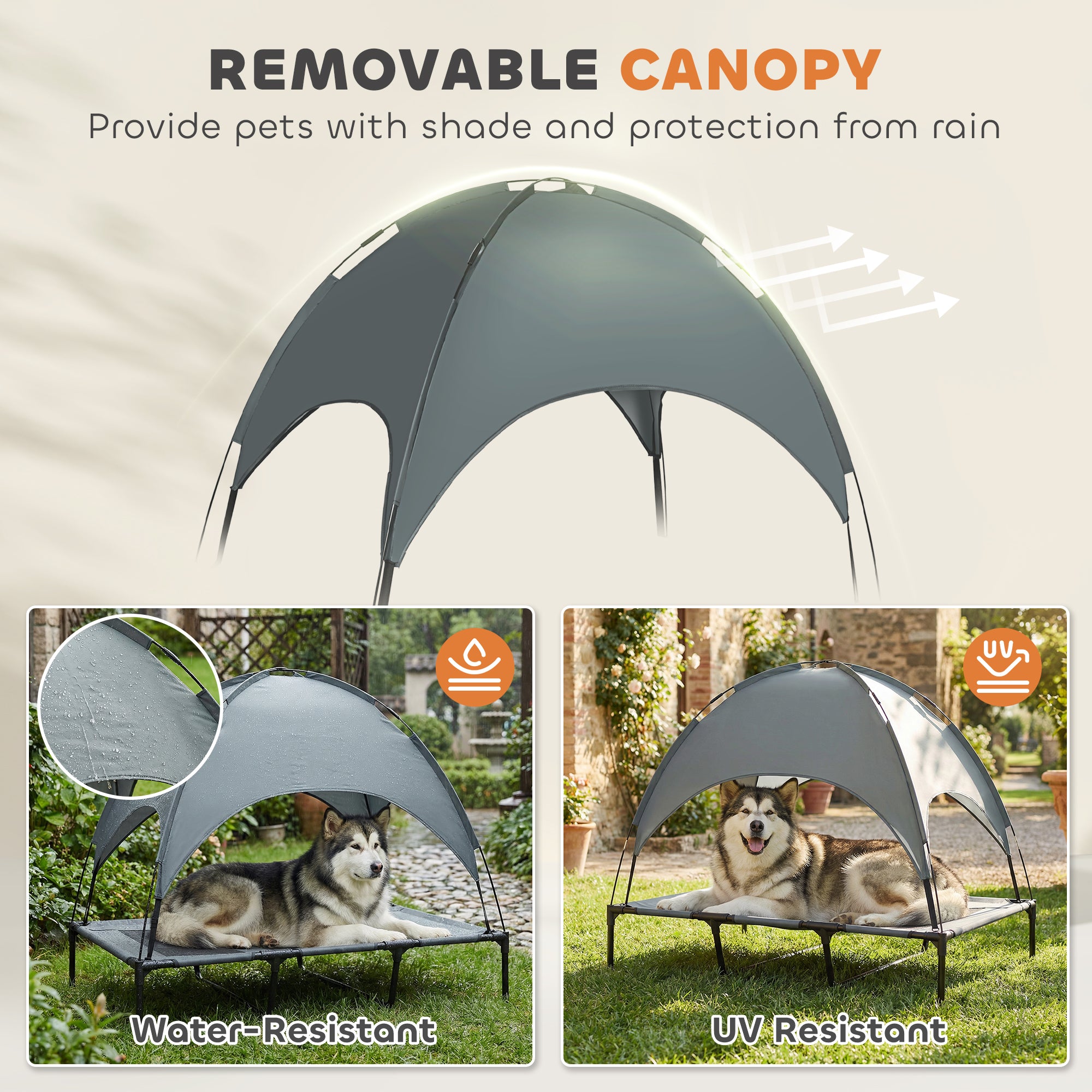 Elevated Dog Bed with Canopy, Portable Raised Dog Cot for XL Sized Dogs, Indoor & Outdoor, 48" x 36" x 43", Grey