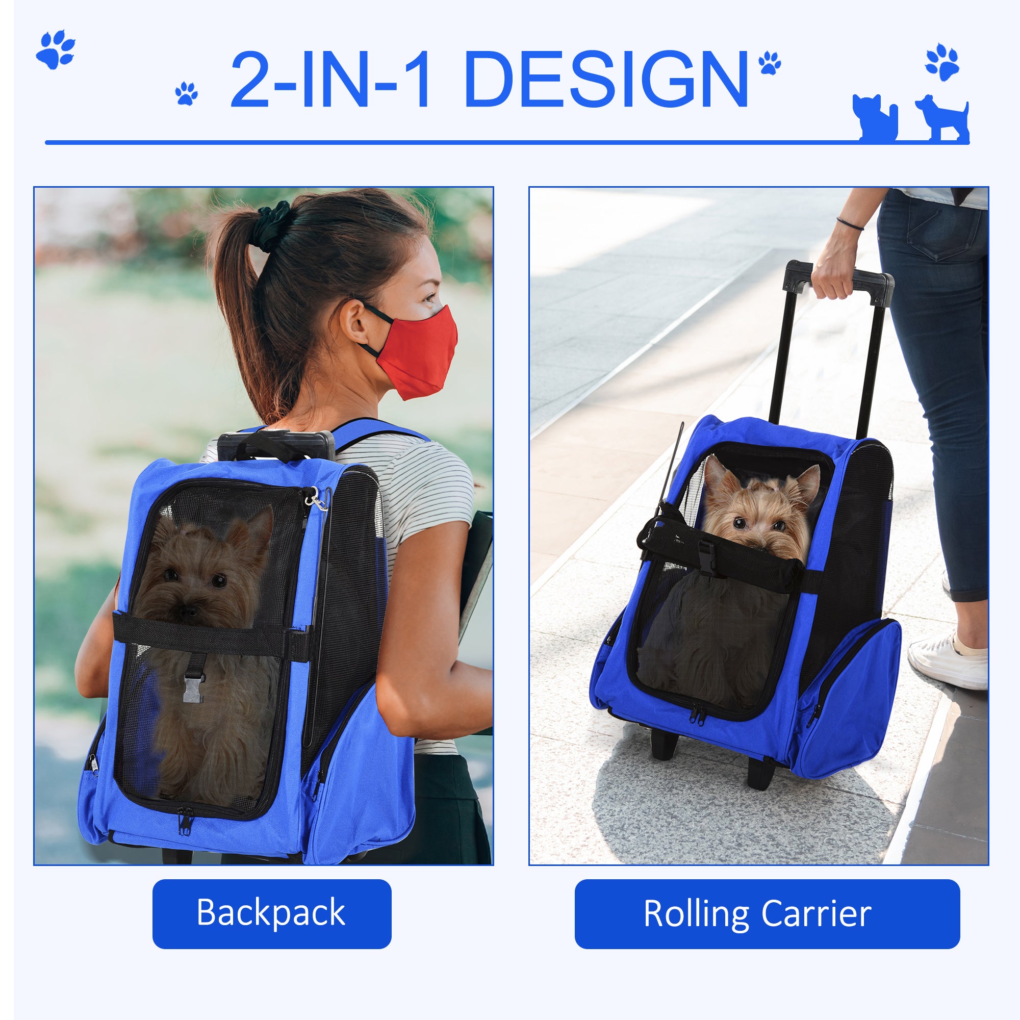 2-IN-1 Pet Luggage Box Backpack Carrier Cats Dogs w/ Handle, Rolling Wheel Blue