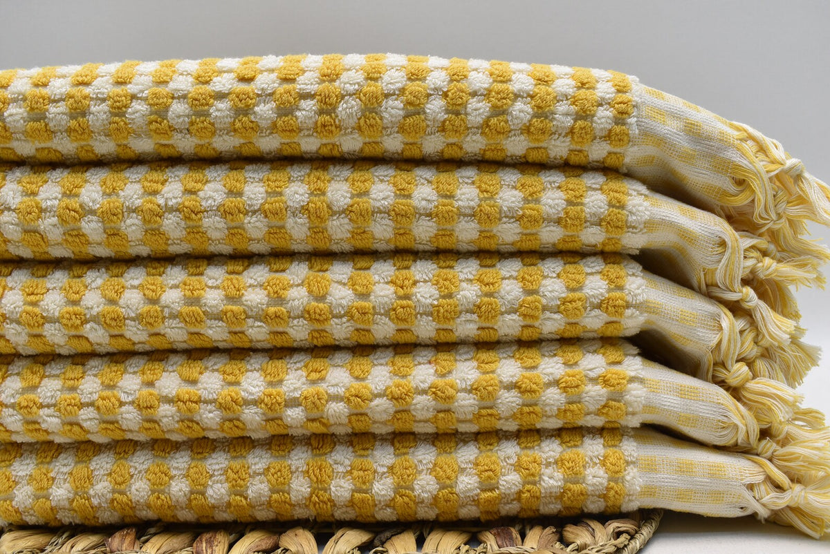 BUBBLE MUSTARD TERRY HAND TOWEL-Hand Towels-DECOROLALA