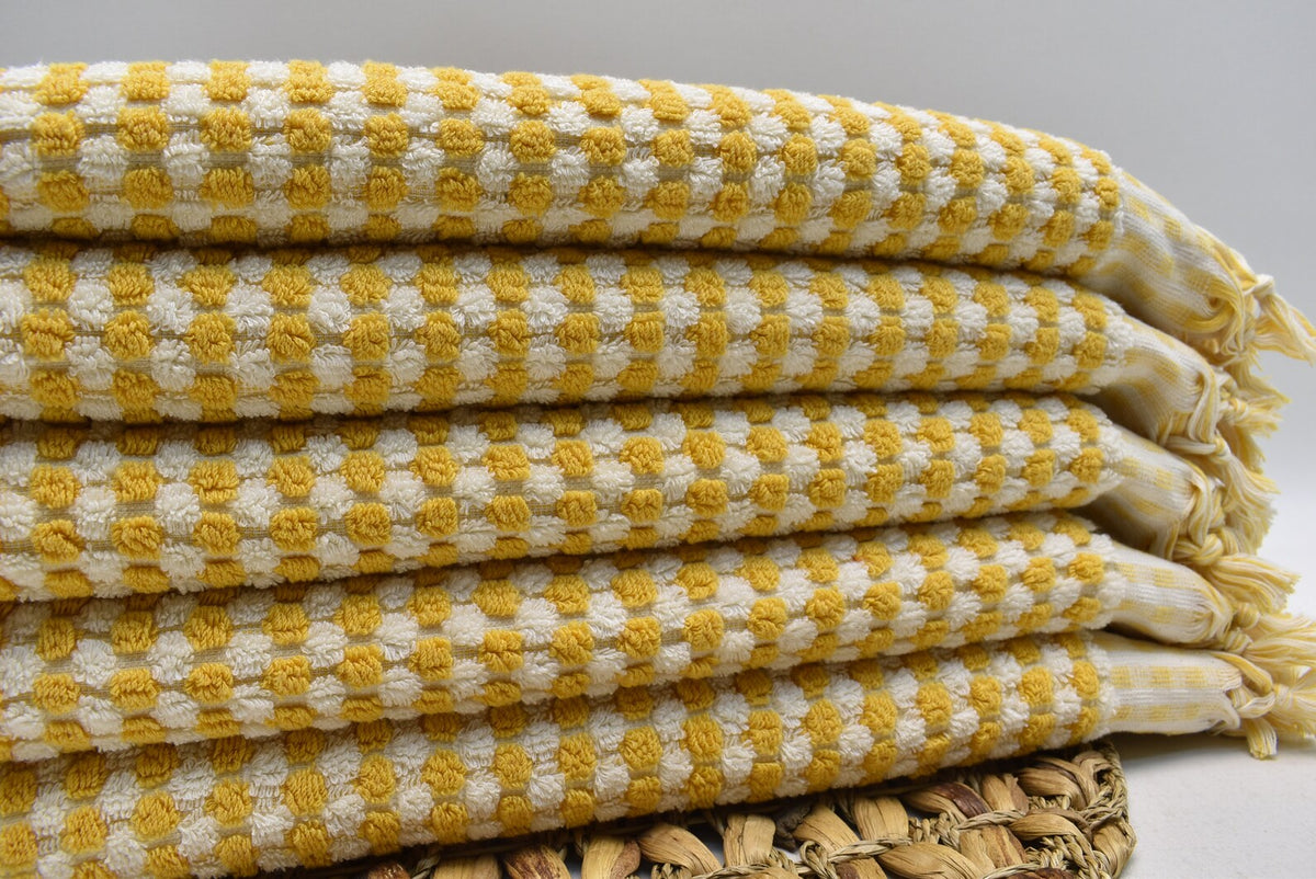 BUBBLE MUSTARD TERRY HAND TOWEL-Hand Towels-DECOROLALA