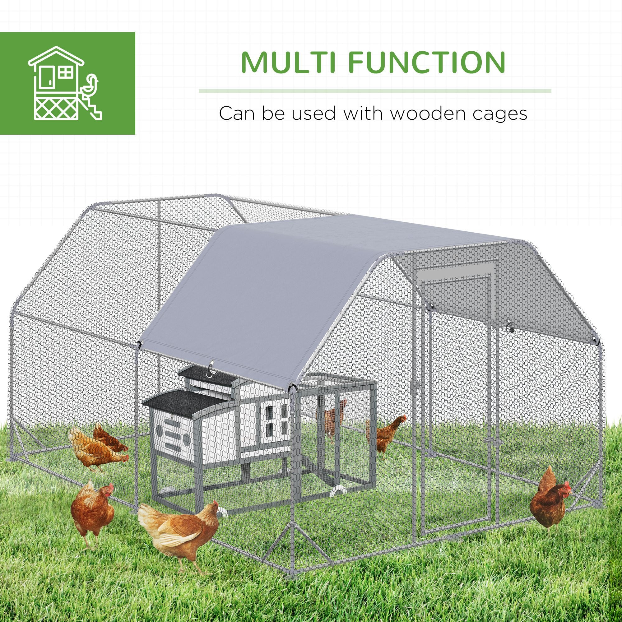 Chicken Run Outdoor, Galvanized Large Metal Chicken Coop Cage, Walk-in Enclosure Poultry Hen Run House Playpen Rabbit Hutch with Flat Roof, Cover, 9.2'x12.5'x6.5', Silver
