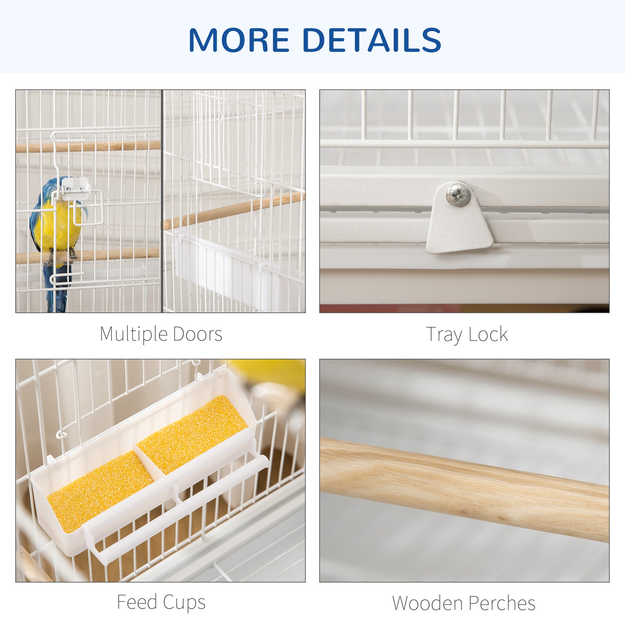 52'' Large Rolling Steel Bird Cage Bird House with Rolling Stand, Storage Shelf, Wood Perch, Food Container, White