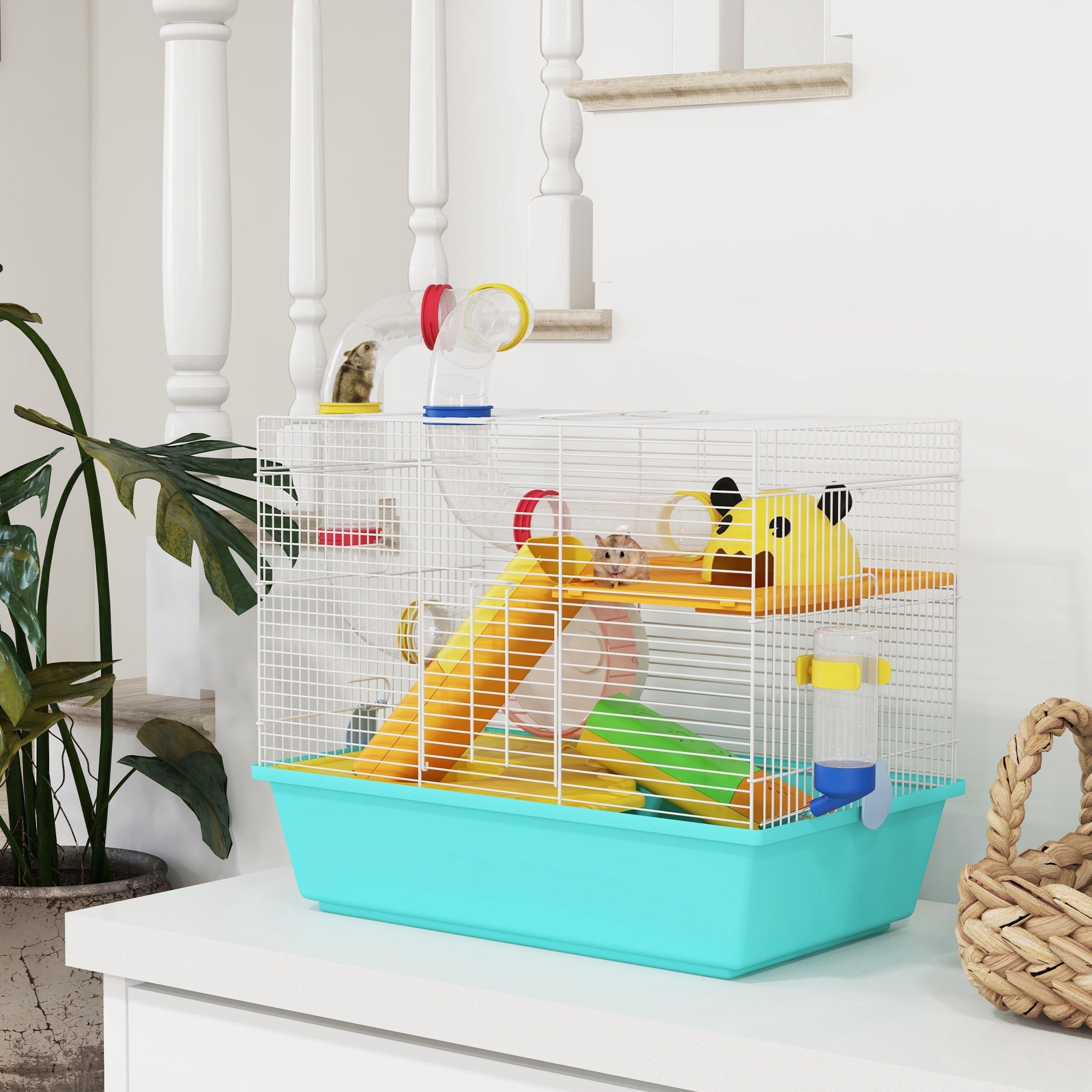 3 Tiers Hamster Cage for Gerbil, Dwarf Hamster with Tunnels, Water Bottle, Exercise Wheel, 18" x 11" x 15" - Light Blue