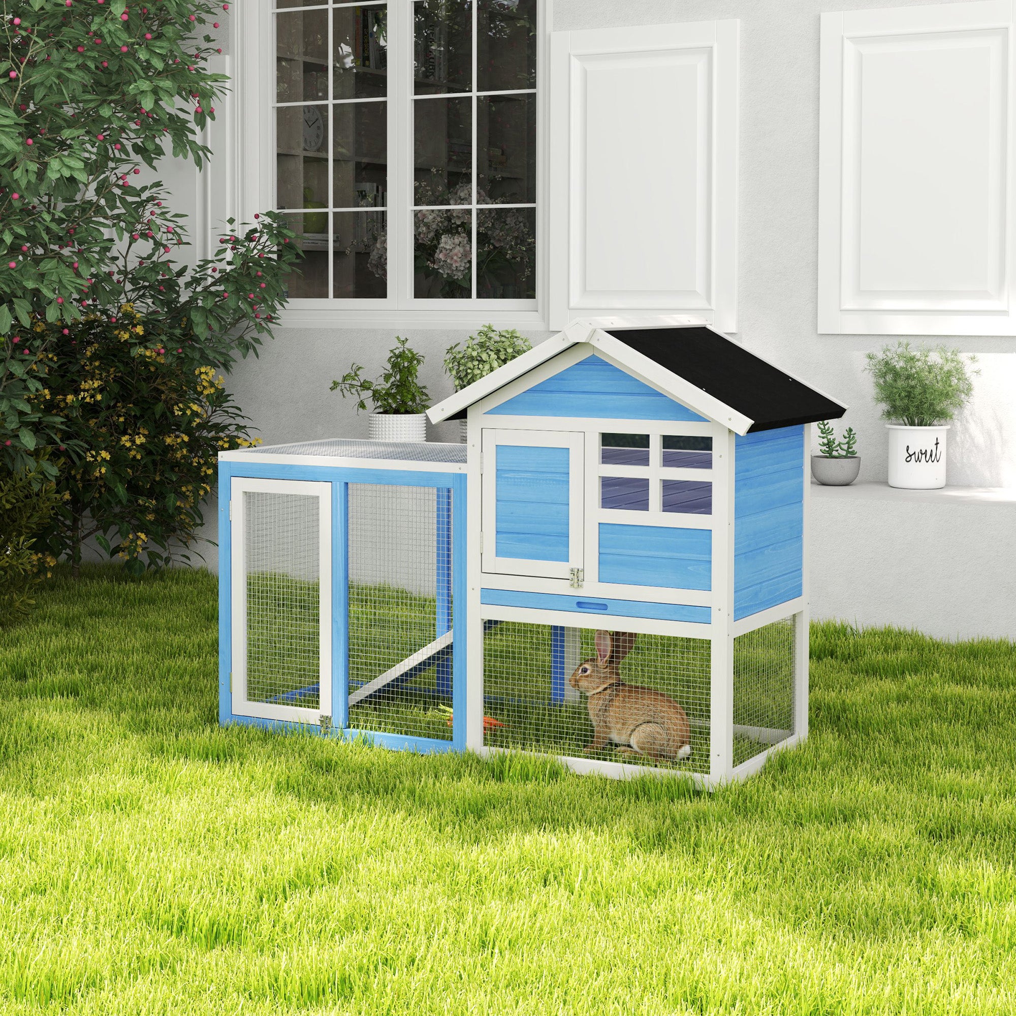 Clapier en bois pour lapin de 49 pouces avec toit incliné et enclos, bleu clair