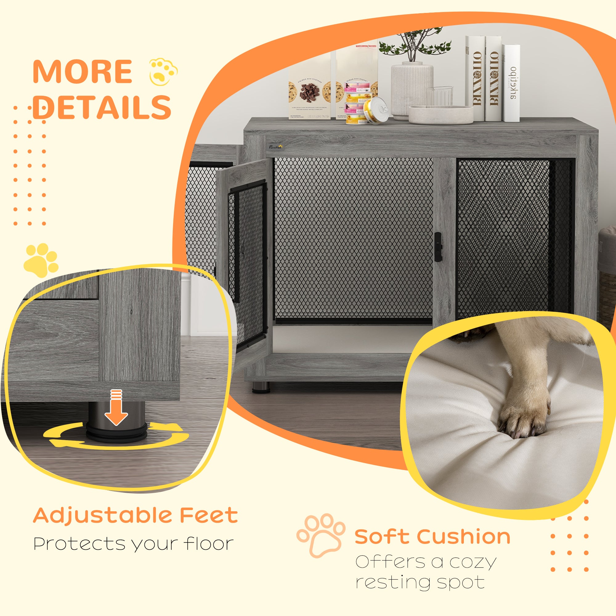 Pet Crate End Table with Water-resistant Cushion or Large Medium Dogs, Grey