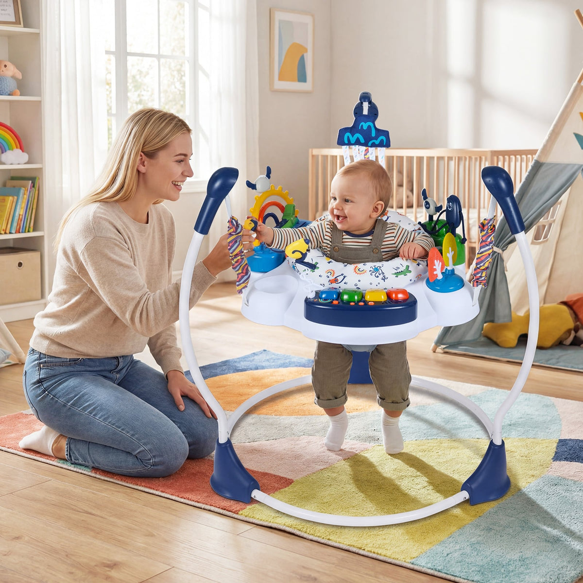 Baby Activity Center Baby Jumper and Bouncer with 6 Interactive Toys Lights and Music-Blue-Baby Gyms & Playmats-DECOROLALA