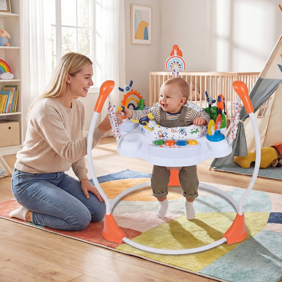 Baby Activity Center Baby Jumper and Bouncer with 6 Interactive Toys Lights and Music-Orange-Baby Gyms & Playmats-DECOROLALA