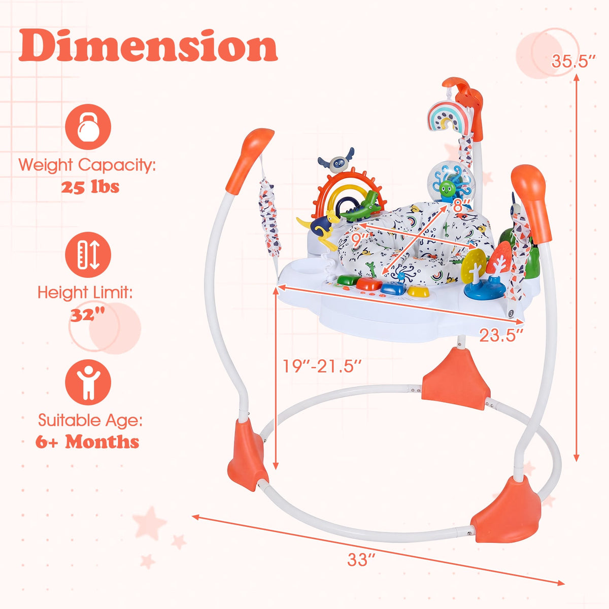Baby Activity Center Baby Jumper and Bouncer with 6 Interactive Toys Lights and Music-Orange-Baby Gyms & Playmats-DECOROLALA