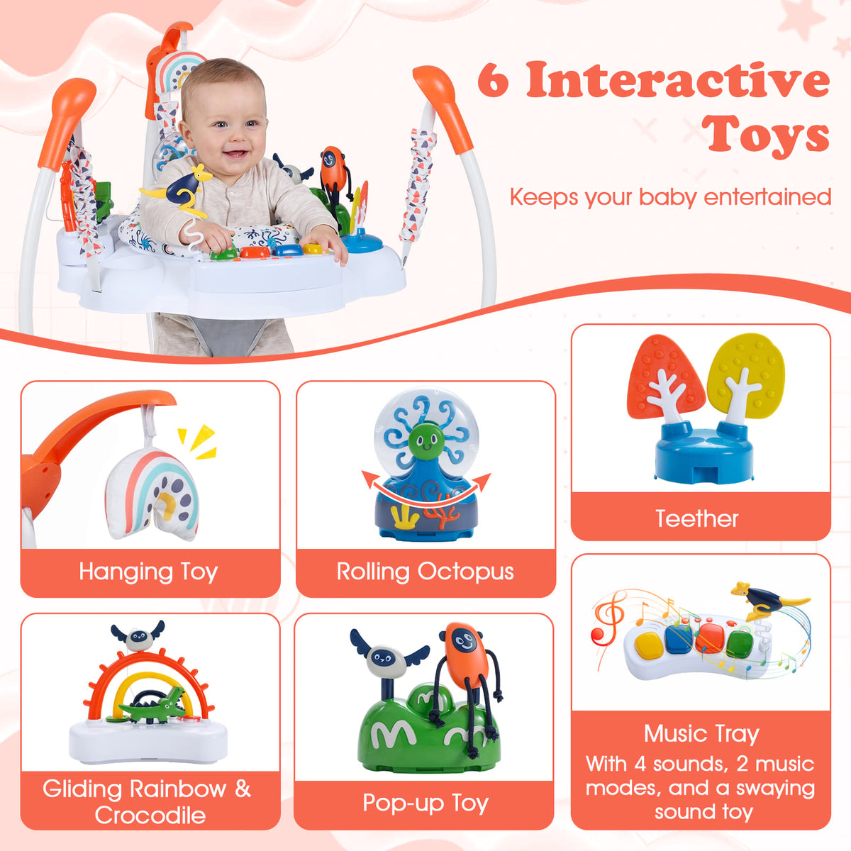 Baby Activity Center Baby Jumper and Bouncer with 6 Interactive Toys Lights and Music-Orange-Baby Gyms & Playmats-DECOROLALA