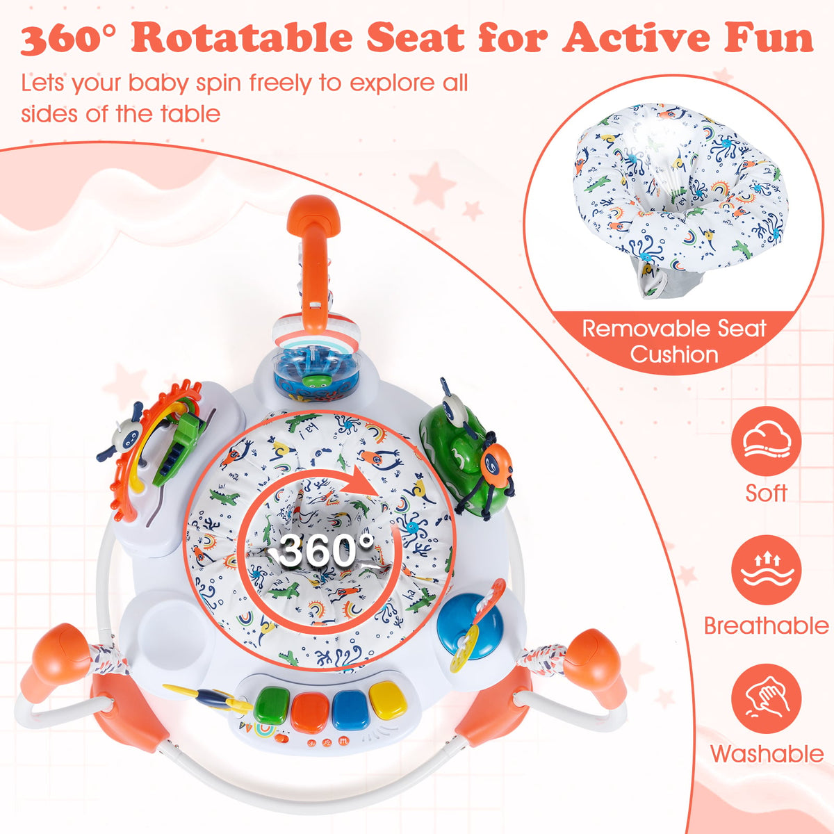 Baby Activity Center Baby Jumper and Bouncer with 6 Interactive Toys Lights and Music-Orange-Baby Gyms & Playmats-DECOROLALA