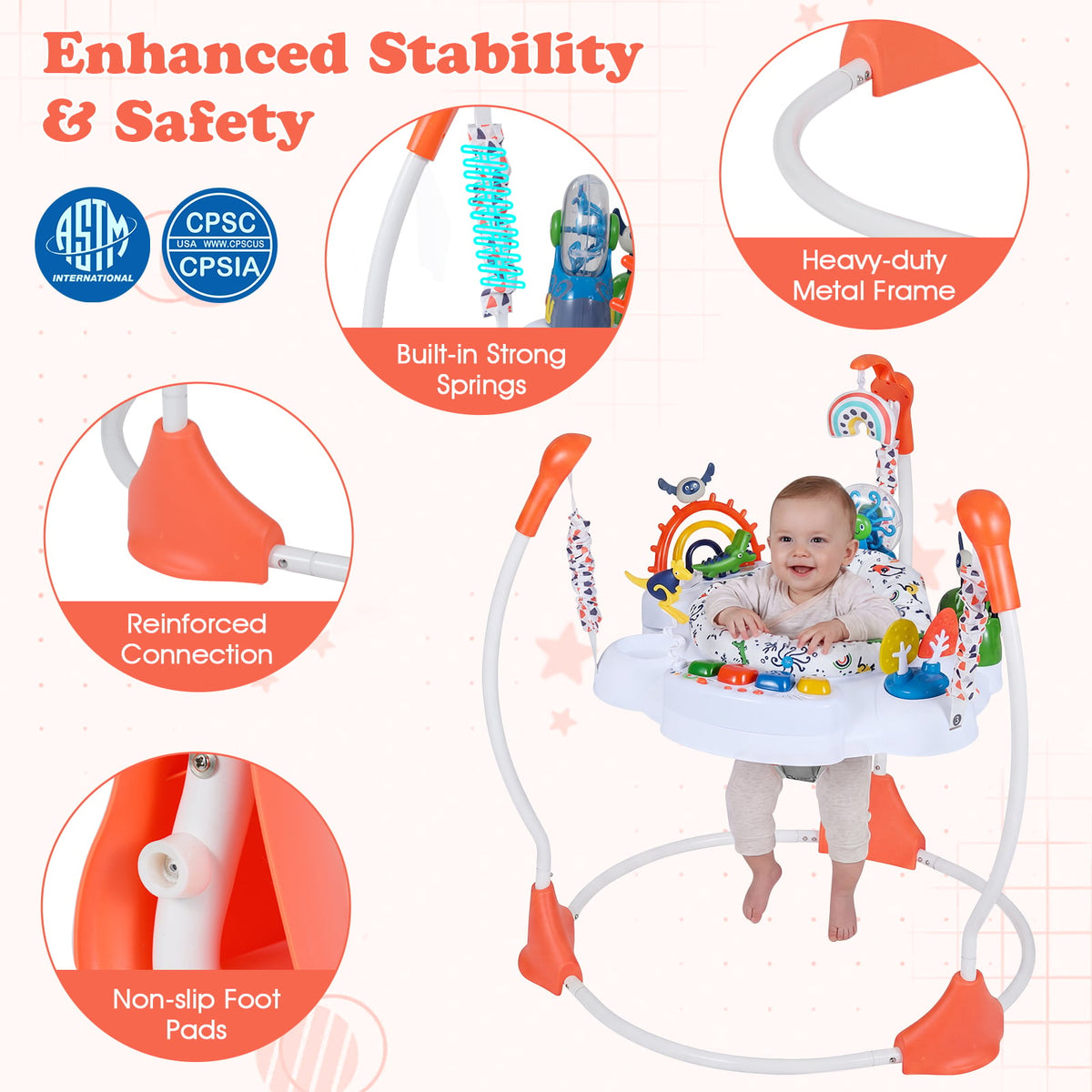 Baby Activity Center Baby Jumper and Bouncer with 6 Interactive Toys Lights and Music-Orange-Baby Gyms & Playmats-DECOROLALA