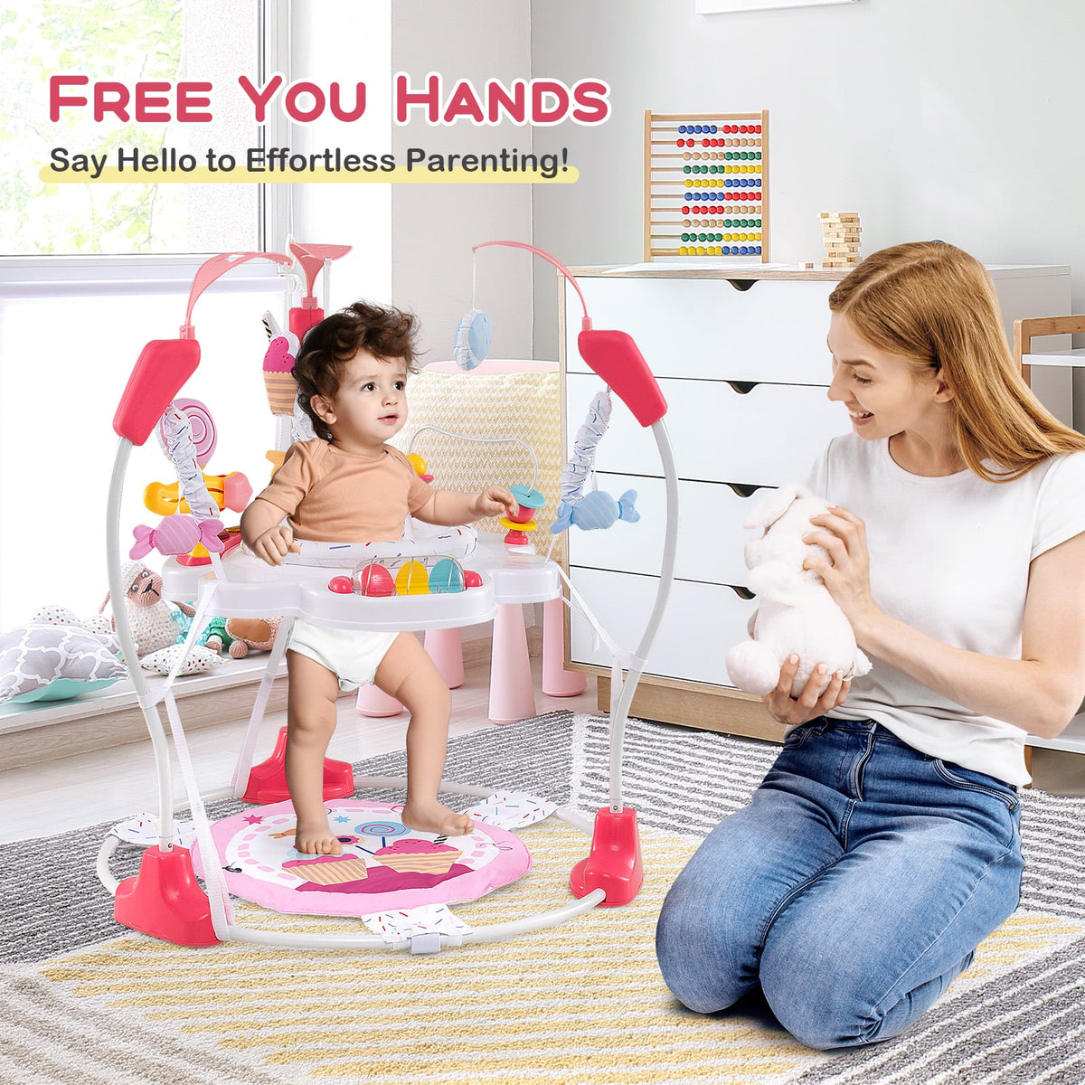 Baby Activity Center Height Adjustable Baby Bouncing Saucer with Interactive Toys-Pink-Baby Gyms & Playmats-DECOROLALA