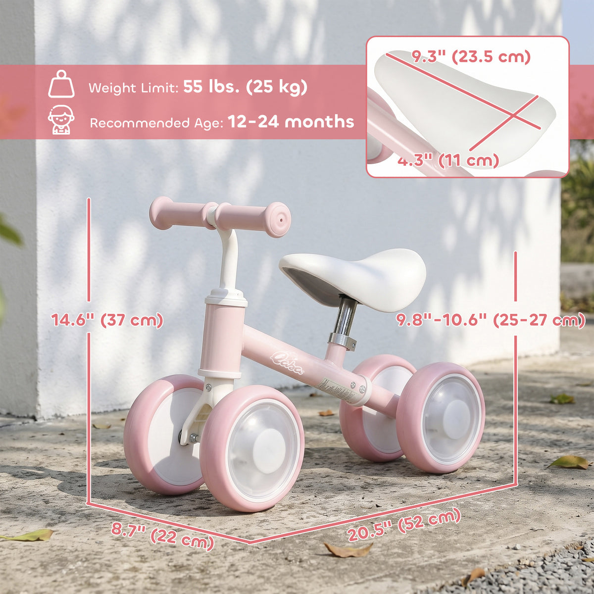 Baby Balance Bike for 12-24 Months Boys and Girls, Toddler Balance Bike with 4 Flashing Silent Wheels, Pink-Toys & Games > Baby & Toddler Toys > Riding & Rocking Toys-DECOROLALA