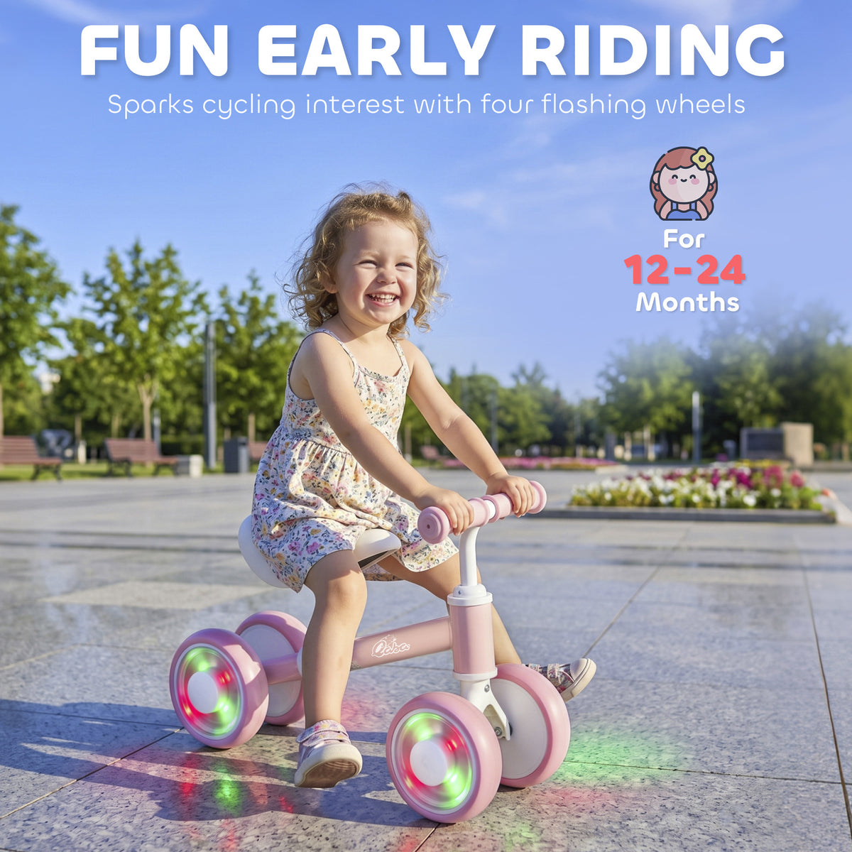 Baby Balance Bike for 12-24 Months Boys and Girls, Toddler Balance Bike with 4 Flashing Silent Wheels, Pink-Toys & Games > Baby & Toddler Toys > Riding & Rocking Toys-DECOROLALA