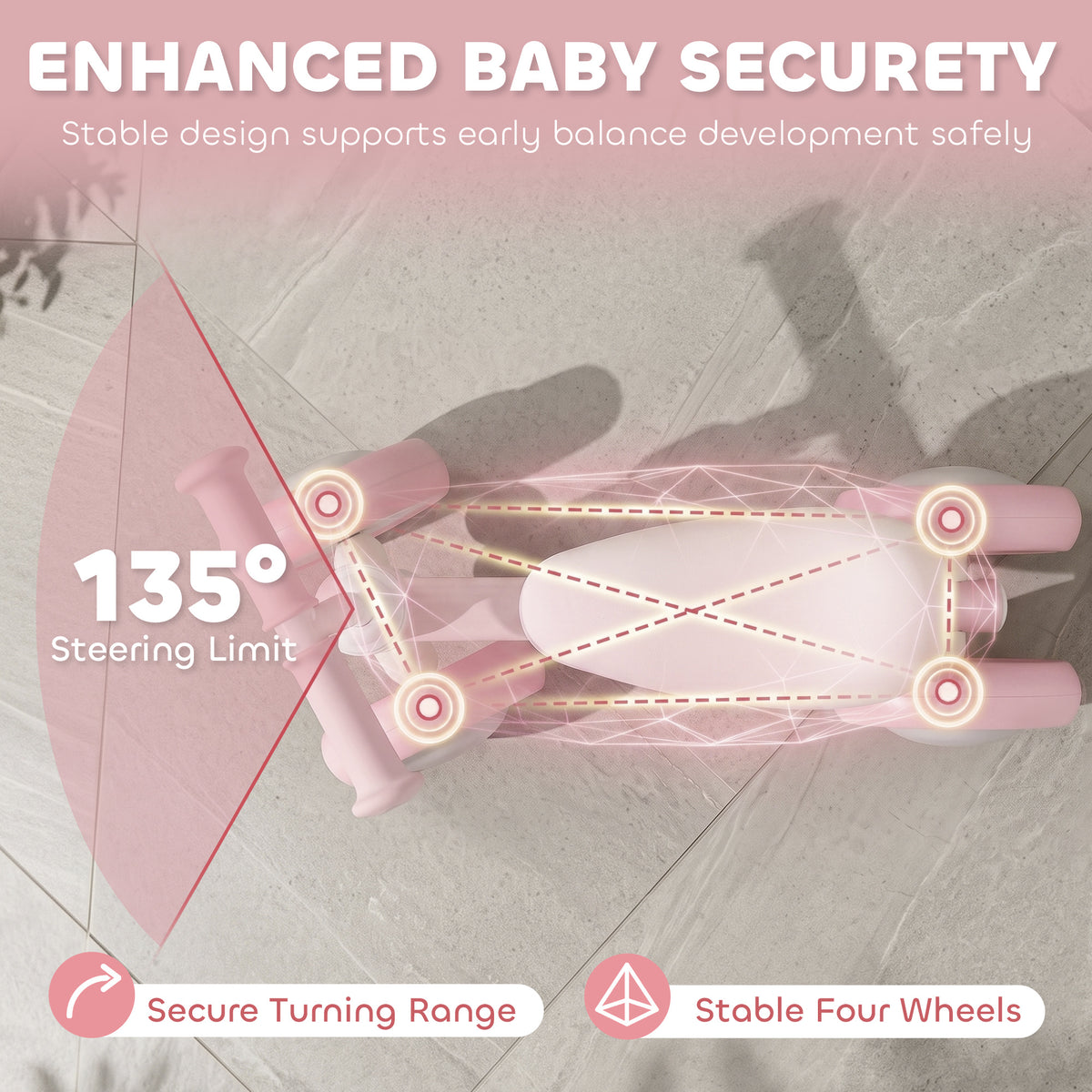 Baby Balance Bike for 12-24 Months Boys and Girls, Toddler Balance Bike with 4 Flashing Silent Wheels, Pink-Toys & Games > Baby & Toddler Toys > Riding & Rocking Toys-DECOROLALA