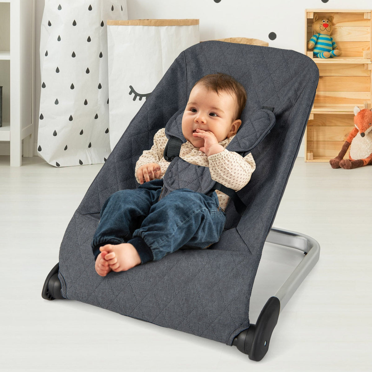 Baby Bouncer Seat with Aluminum and Metal Frame-Gray-Baby Bouncer & Rocker-DECOROLALA