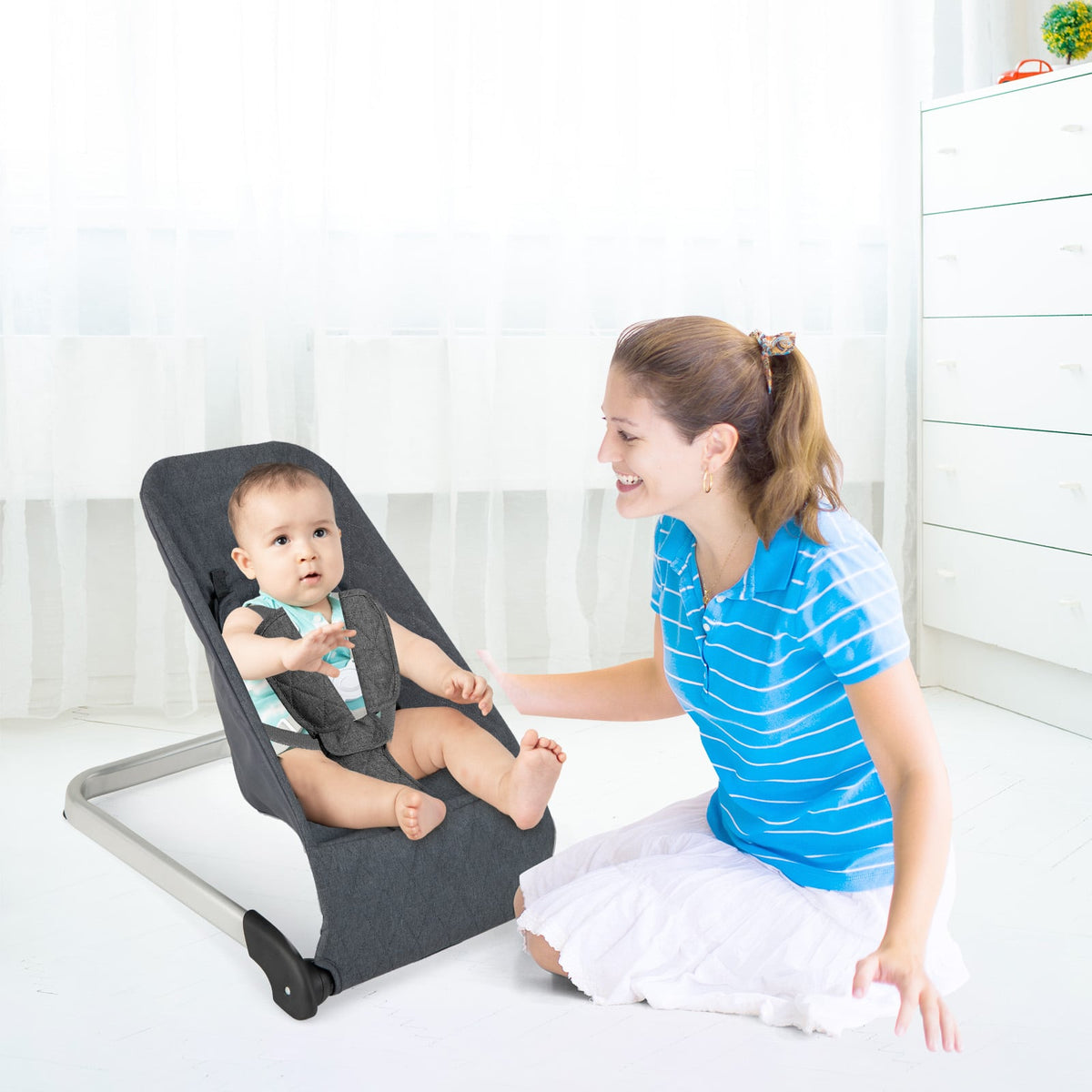 Baby Bouncer Seat with Aluminum and Metal Frame-Gray-Baby Bouncer & Rocker-DECOROLALA