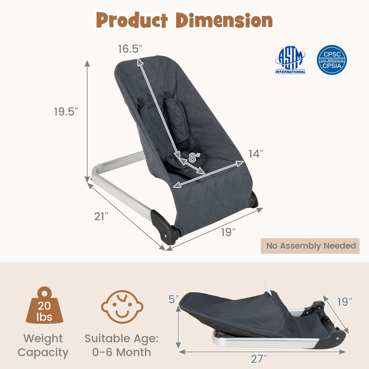Baby Bouncer Seat with Aluminum and Metal Frame-Gray-Baby Bouncer & Rocker-DECOROLALA