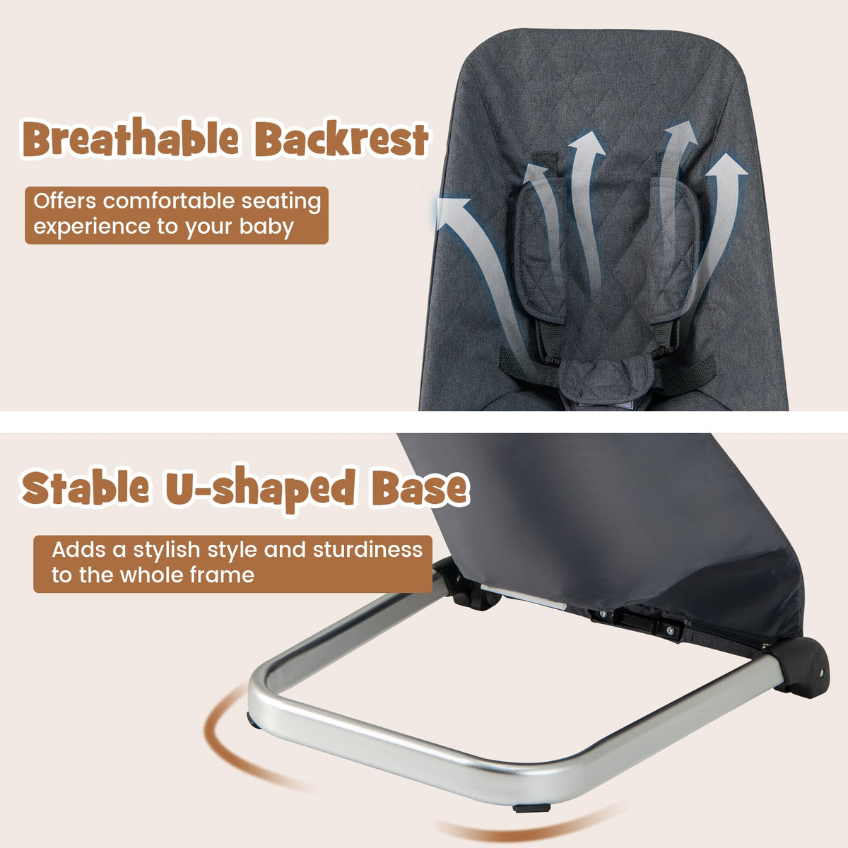 Baby Bouncer Seat with Aluminum and Metal Frame-Gray-Baby Bouncer & Rocker-DECOROLALA