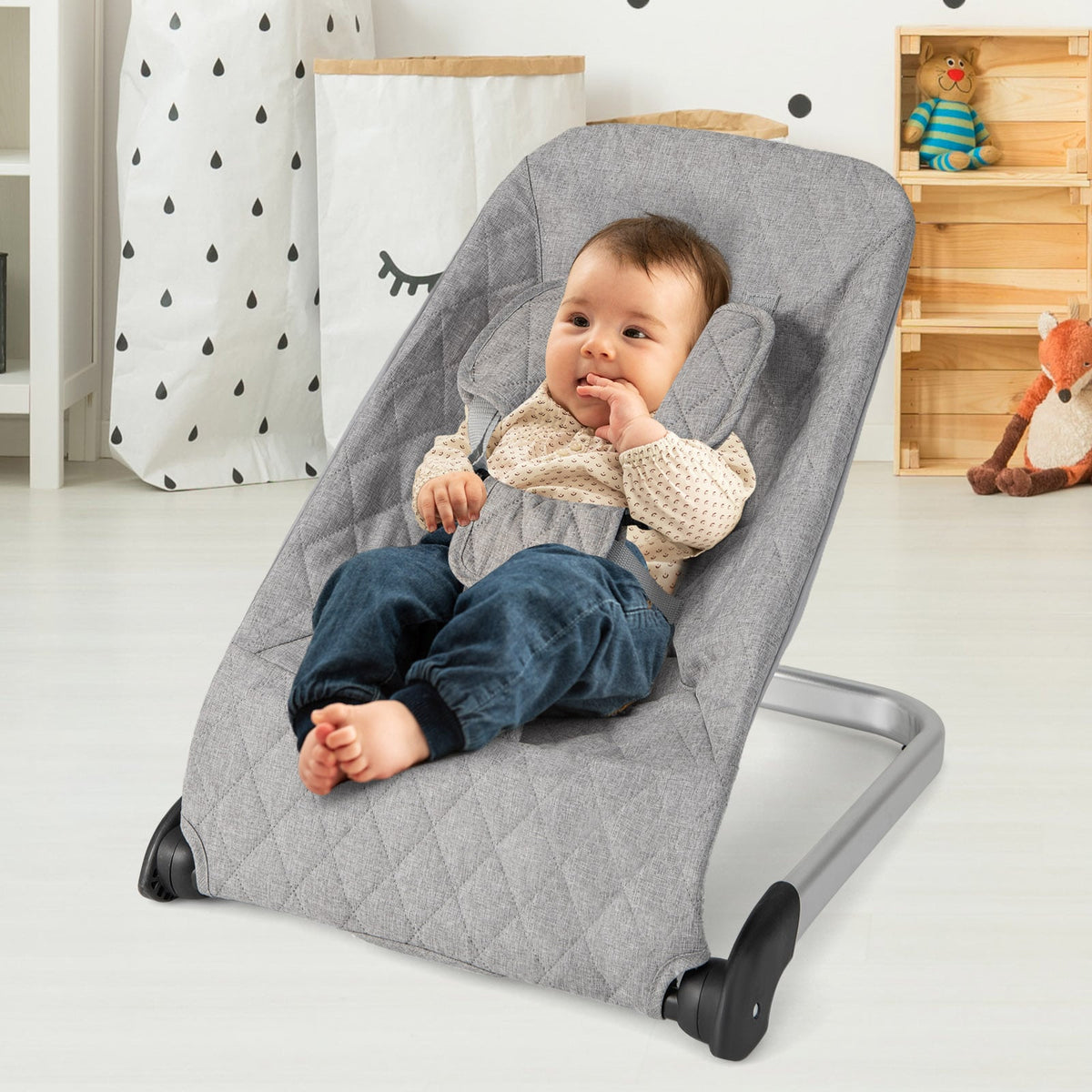 Baby Bouncer Seat with Aluminum and Metal Frame-Light Gray-Baby Bouncer & Rocker-DECOROLALA