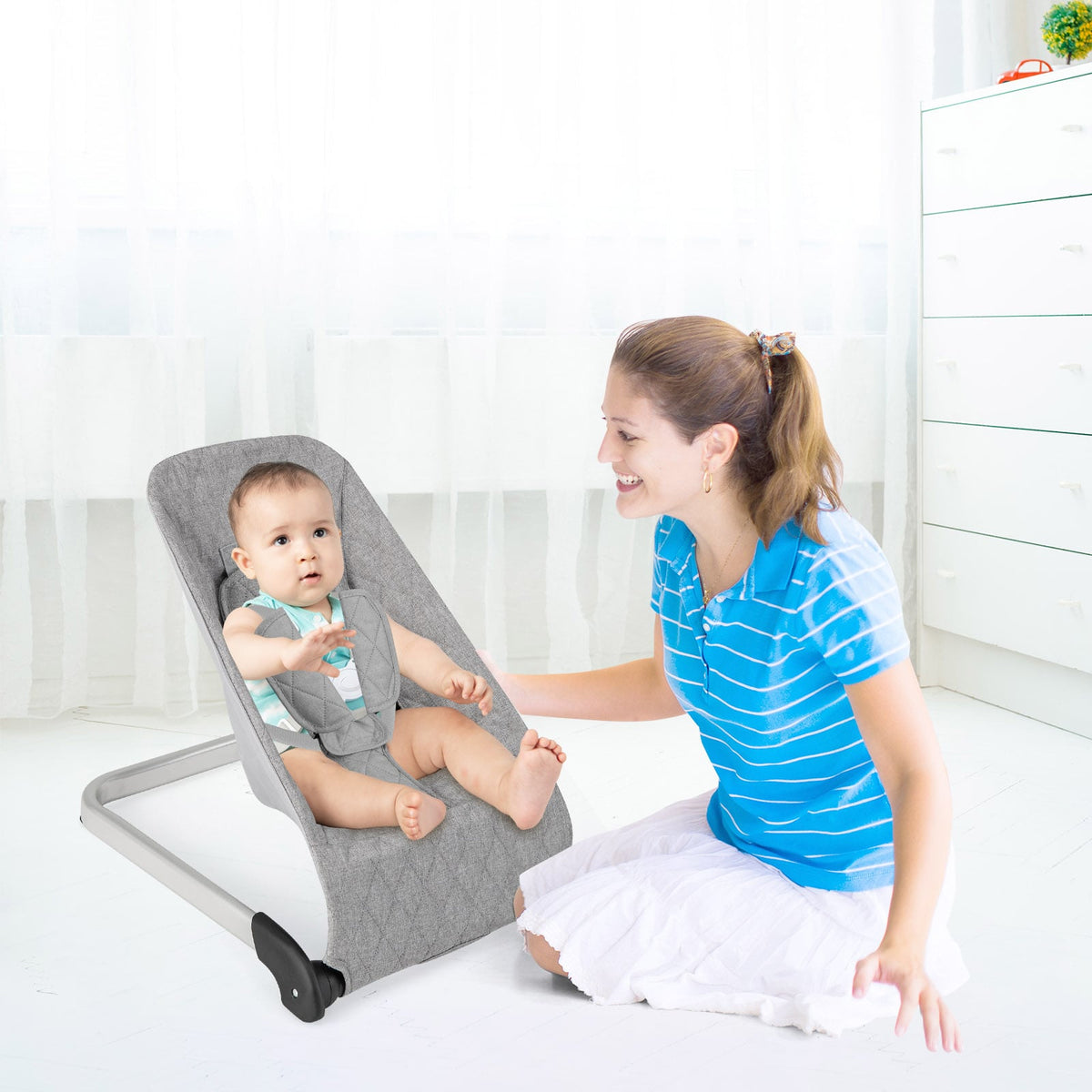 Baby Bouncer Seat with Aluminum and Metal Frame-Light Gray-Baby Bouncer & Rocker-DECOROLALA