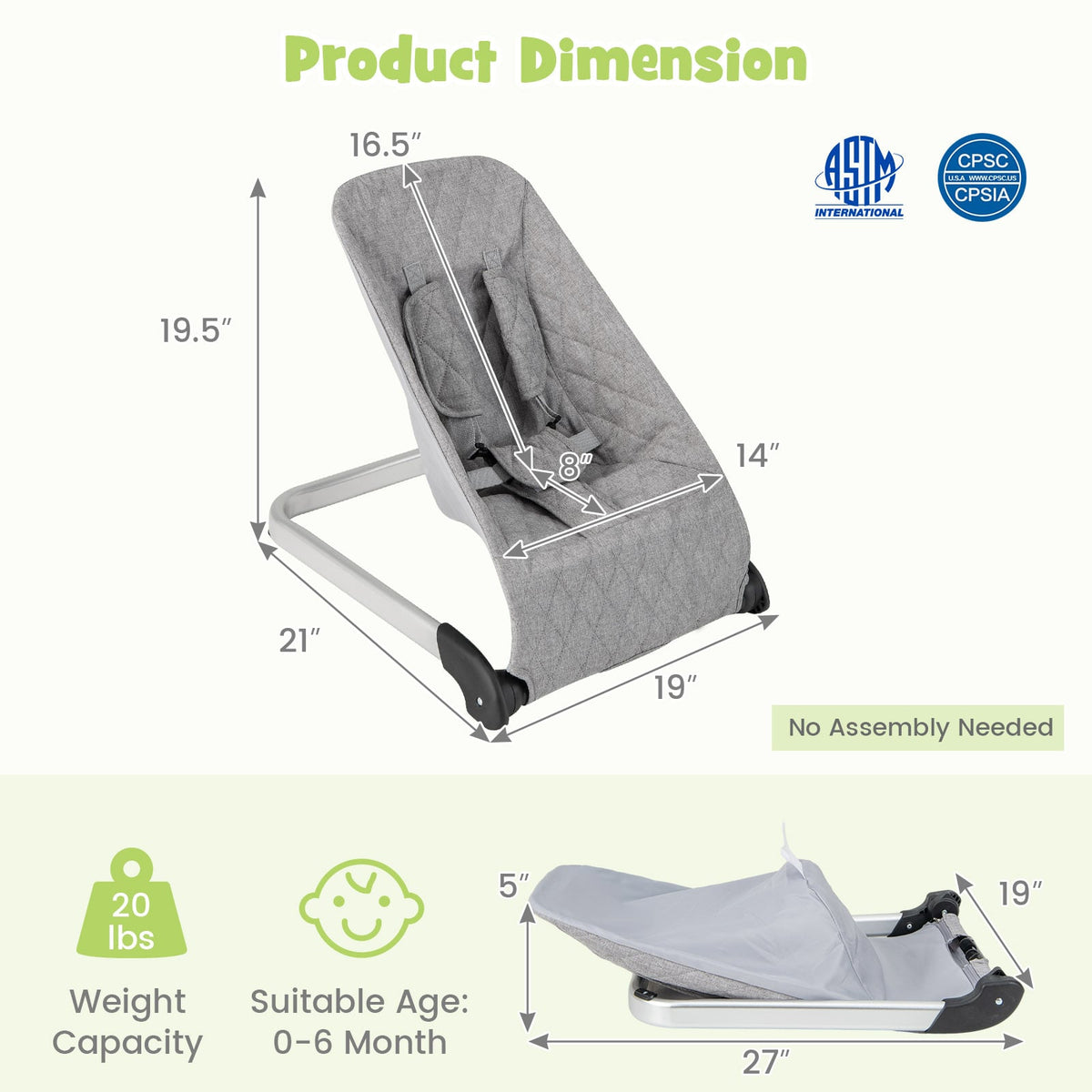 Baby Bouncer Seat with Aluminum and Metal Frame-Light Gray-Baby Bouncer & Rocker-DECOROLALA