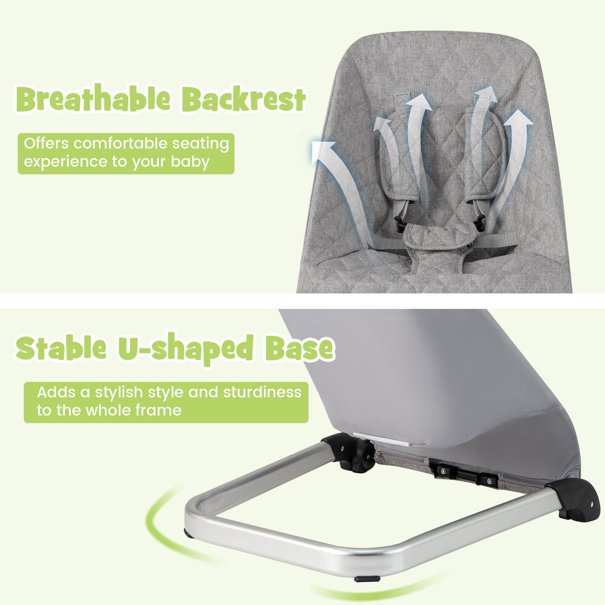 Baby Bouncer Seat with Aluminum and Metal Frame-Light Gray-Baby Bouncer & Rocker-DECOROLALA