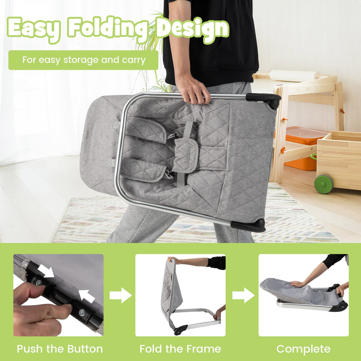 Baby Bouncer Seat with Aluminum and Metal Frame-Light Gray-Baby Bouncer & Rocker-DECOROLALA
