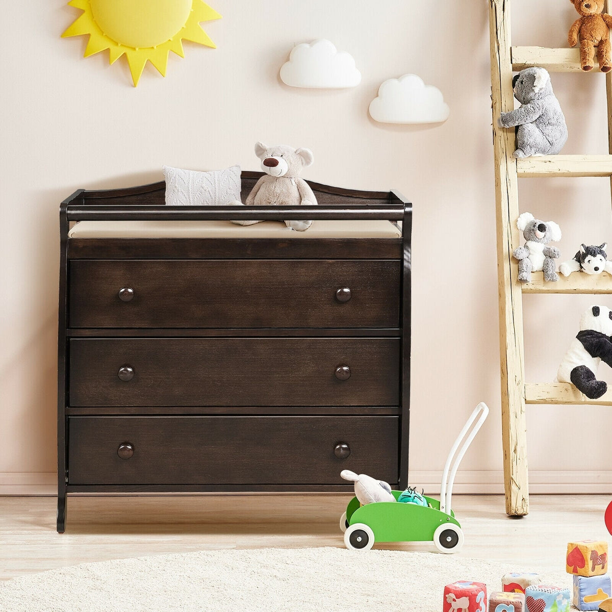Baby Changing Table Infant Diaper with 3 Drawers and Safety Belt-Brown-Changing Tables-DECOROLALA