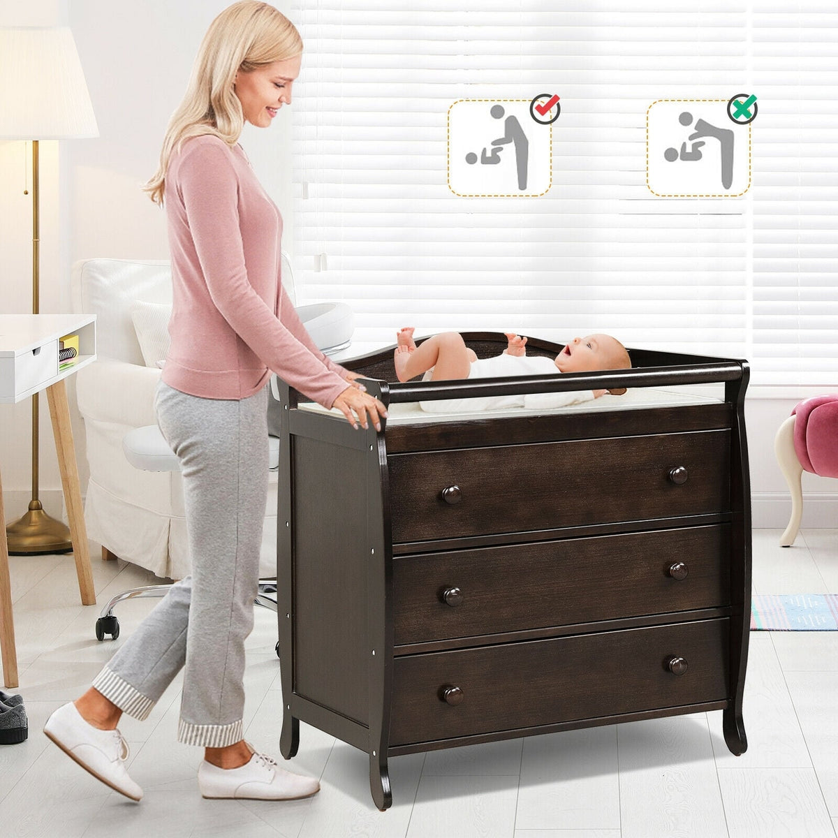 Baby Changing Table Infant Diaper with 3 Drawers and Safety Belt-Brown-Changing Tables-DECOROLALA