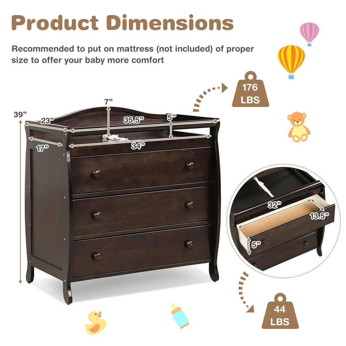 Baby Changing Table Infant Diaper with 3 Drawers and Safety Belt-Brown-Changing Tables-DECOROLALA