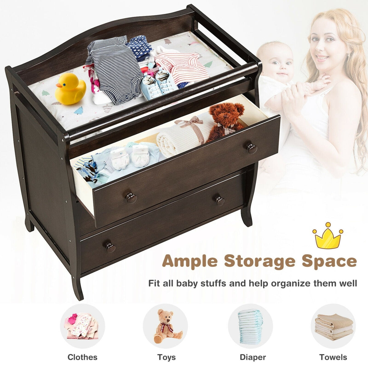 Baby Changing Table Infant Diaper with 3 Drawers and Safety Belt-Brown-Changing Tables-DECOROLALA
