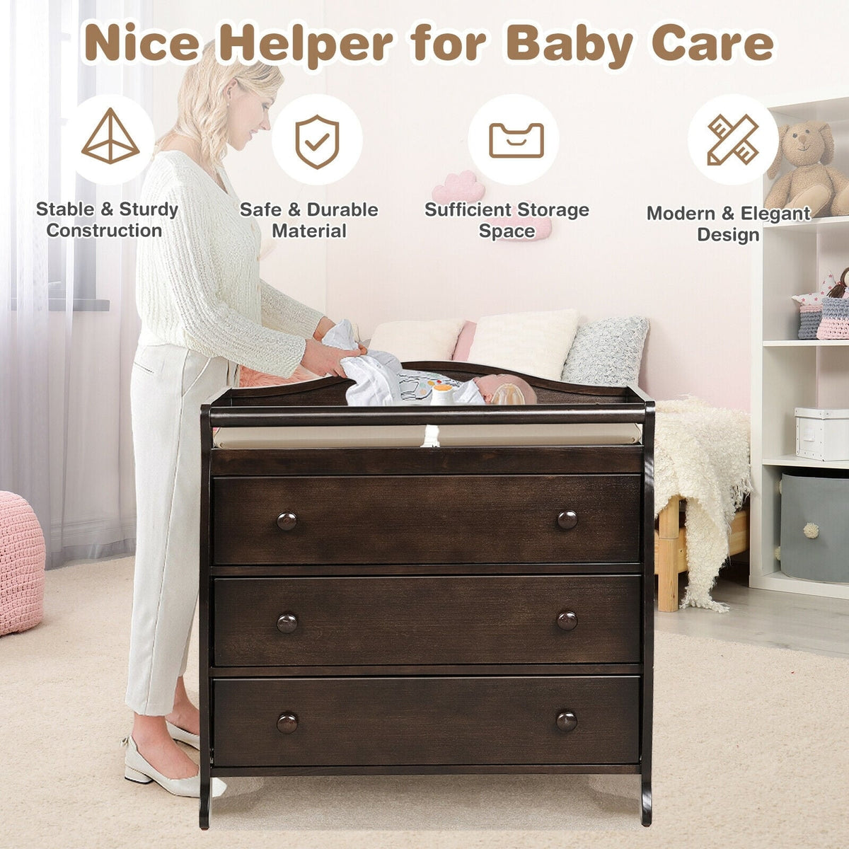 Baby Changing Table Infant Diaper with 3 Drawers and Safety Belt-Brown-Changing Tables-DECOROLALA