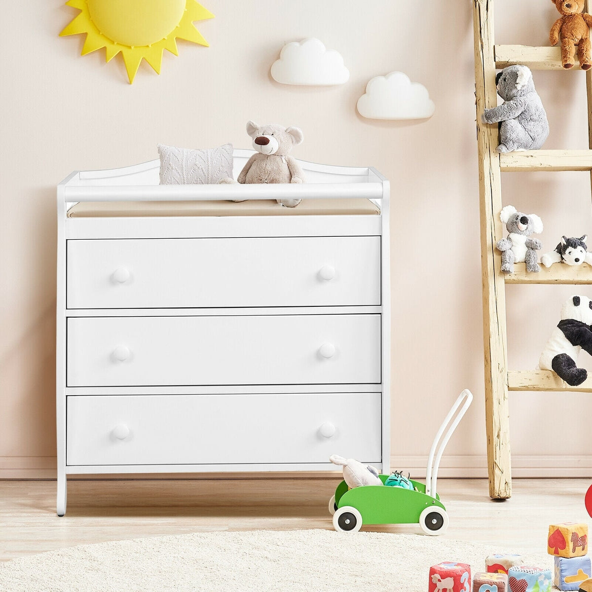 Baby Changing Table Infant Diaper with 3 Drawers and Safety Belt-White-Changing Tables-DECOROLALA