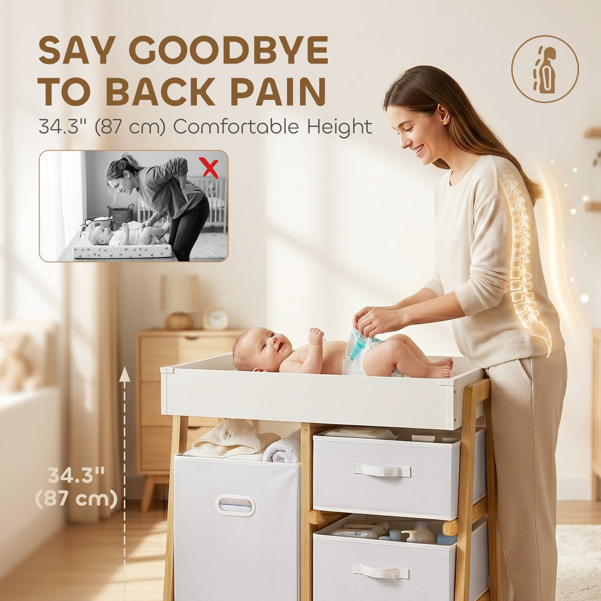 Baby Changing Table, Diaper Changing Station with Waterproof Pad, 3 Drawers and Large Basket for Newborn & Infant, White-Toys & Games > Toddler & Kids Furniture-DECOROLALA