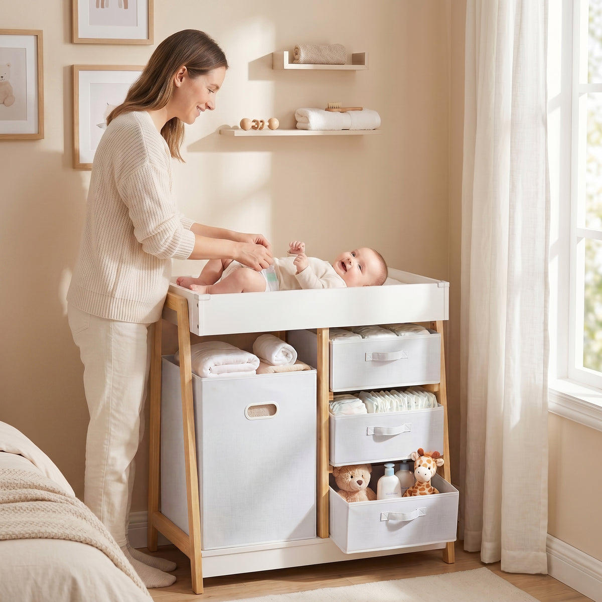 Baby Changing Table, Diaper Changing Station with Waterproof Pad, 3 Drawers and Large Basket for Newborn & Infant, White-Toys & Games > Toddler & Kids Furniture-DECOROLALA