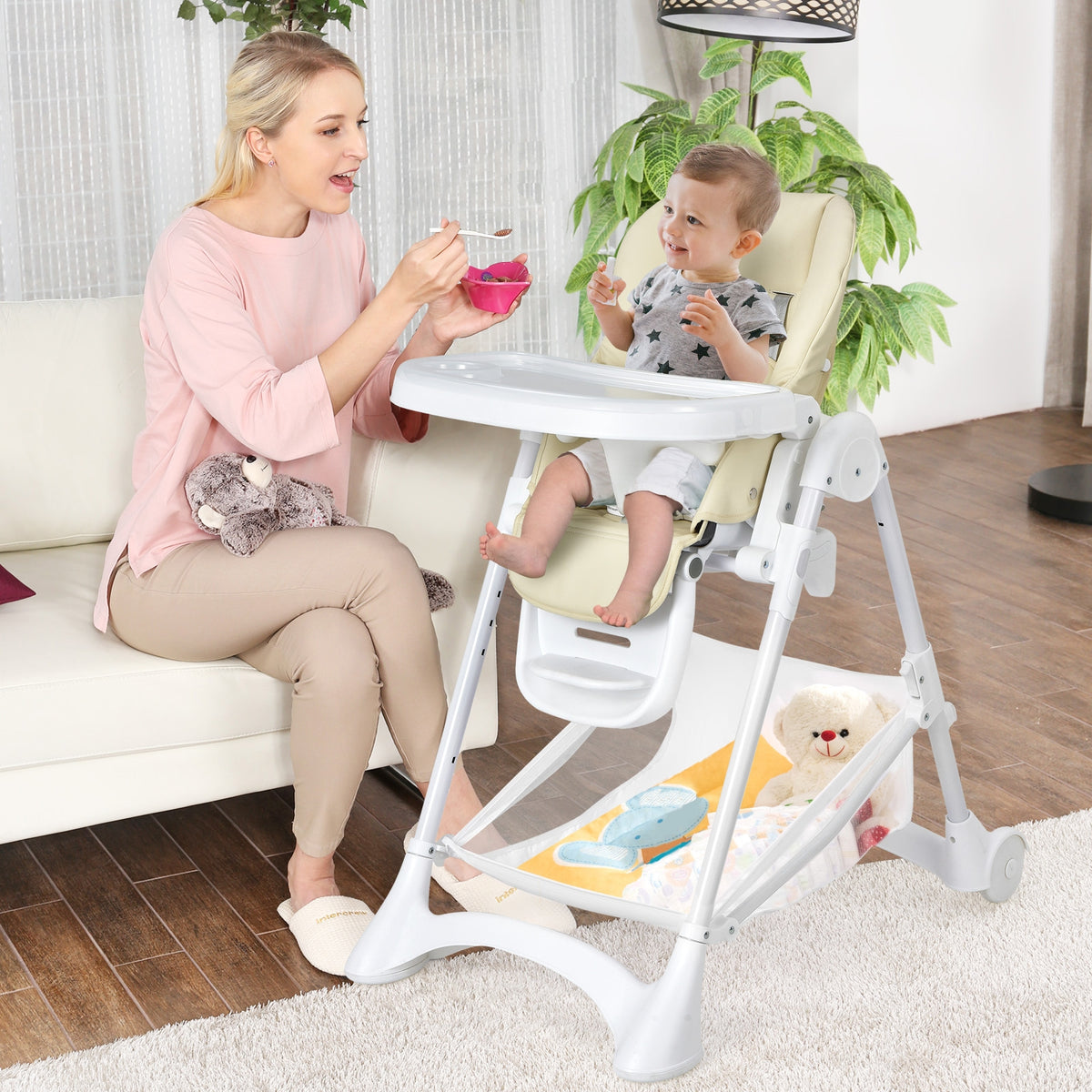 Baby Convertible Folding Adjustable High Chair with Wheel Tray Storage Basket-Beige-High Chairs-DECOROLALA
