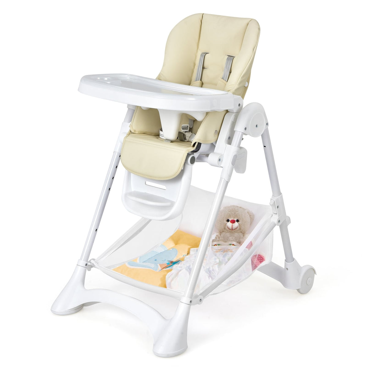 Baby Convertible Folding Adjustable High Chair with Wheel Tray Storage Basket-Beige-High Chairs-DECOROLALA