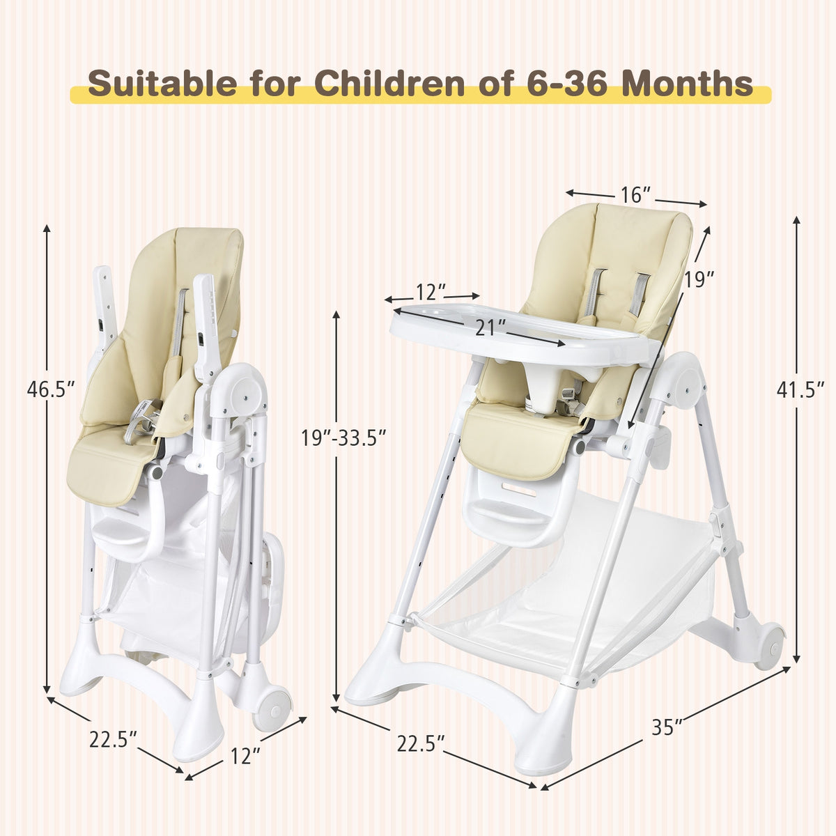 Baby Convertible Folding Adjustable High Chair with Wheel Tray Storage Basket-Beige-High Chairs-DECOROLALA