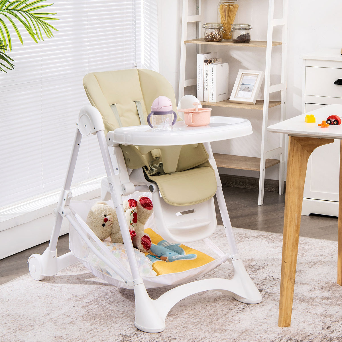 Baby Convertible Folding Adjustable High Chair with Wheel Tray Storage Basket-Beige-High Chairs-DECOROLALA