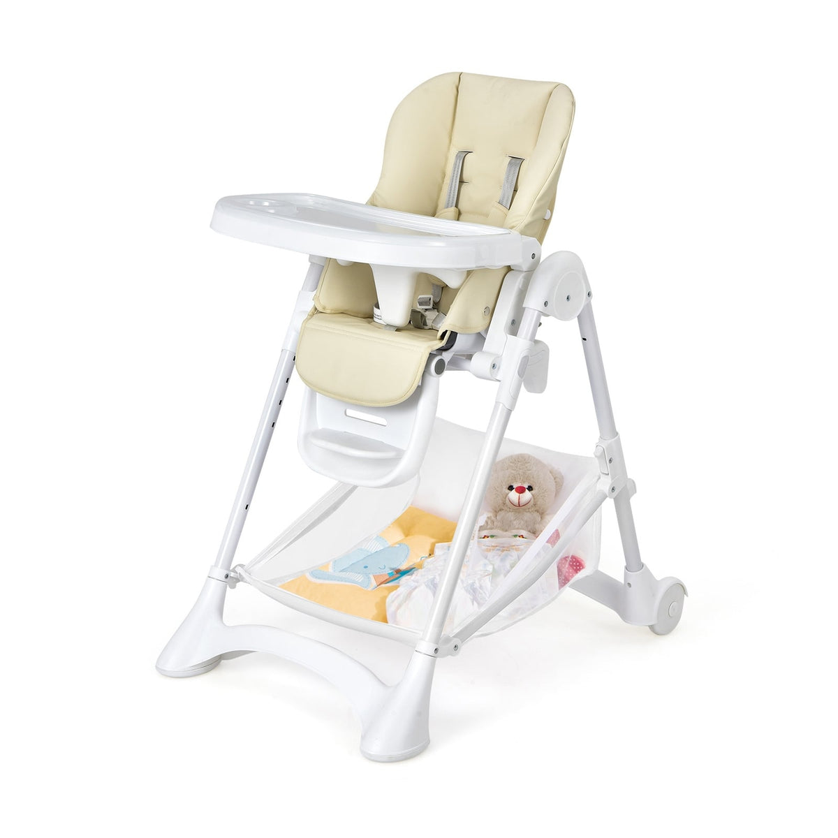 Baby Convertible Folding Adjustable High Chair with Wheel Tray Storage Basket-Beige-High Chairs-DECOROLALA