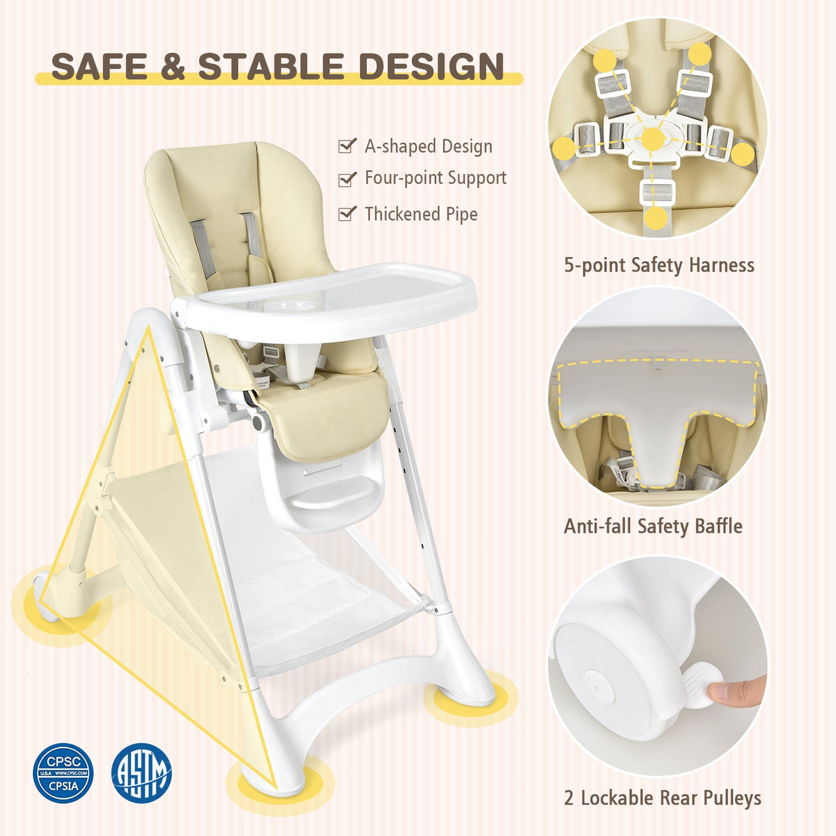 Baby Convertible Folding Adjustable High Chair with Wheel Tray Storage Basket-Beige-High Chairs-DECOROLALA