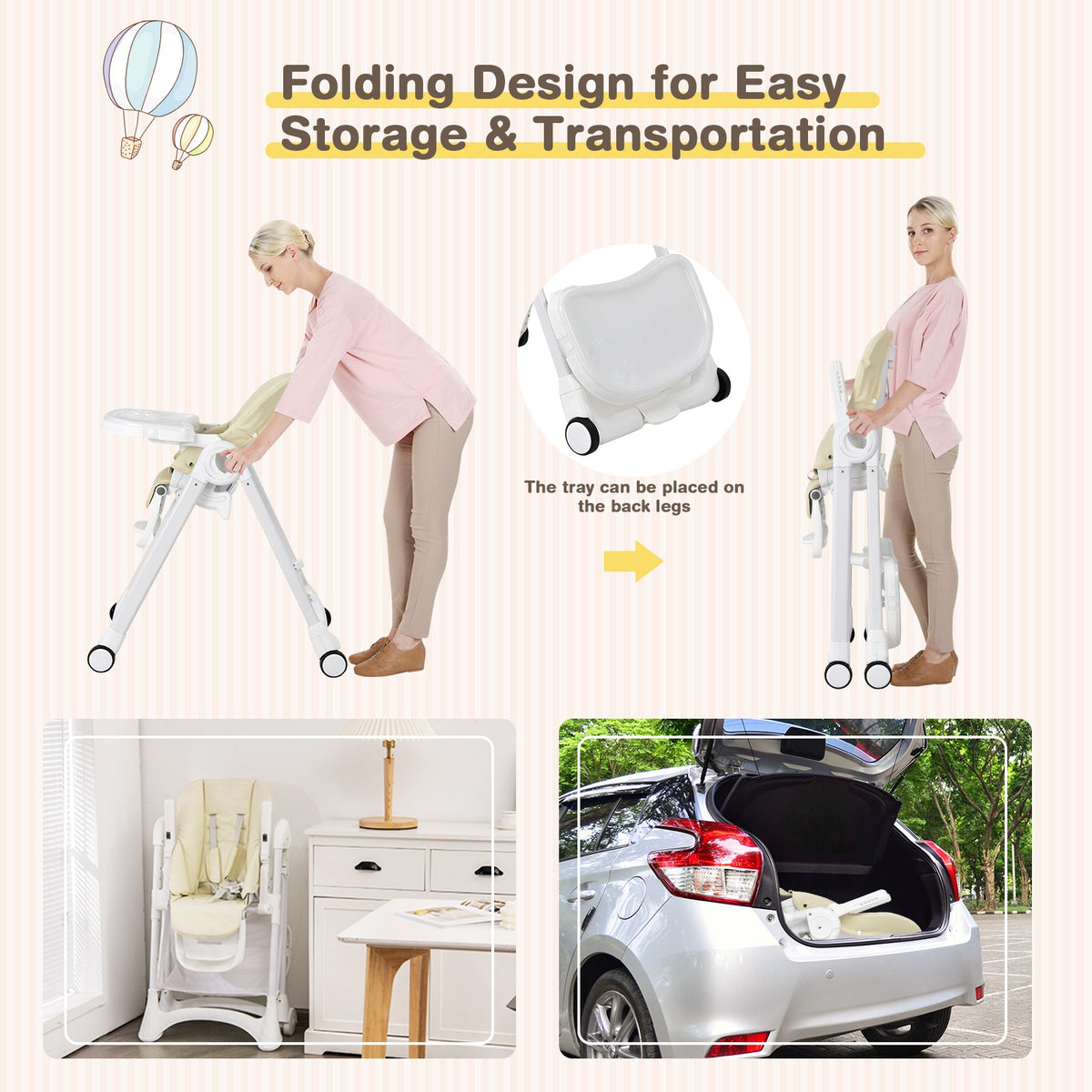 Baby Convertible Folding Adjustable High Chair with Wheel Tray Storage Basket-Beige-High Chairs-DECOROLALA