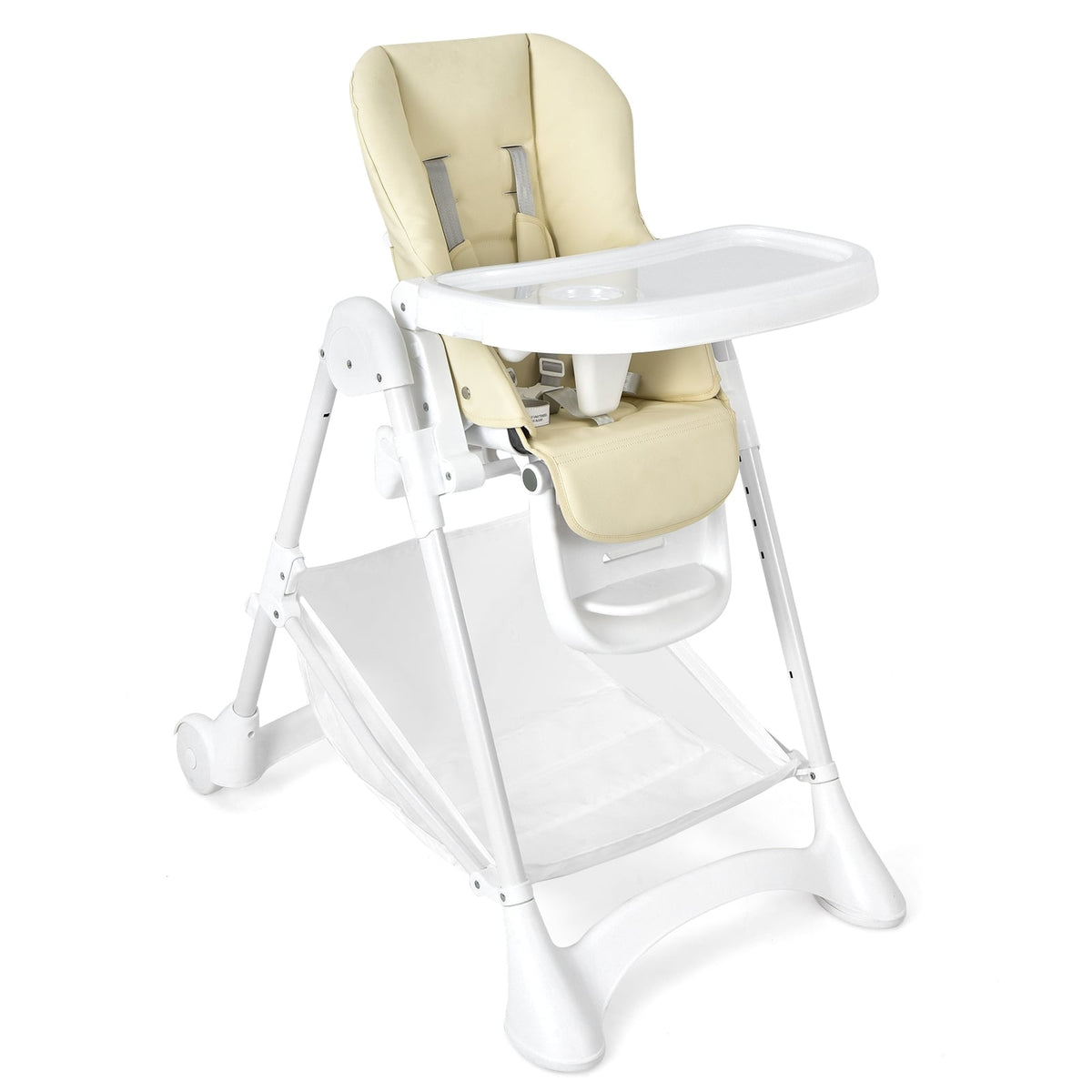 Baby Convertible Folding Adjustable High Chair with Wheel Tray Storage Basket-Beige-High Chairs-DECOROLALA