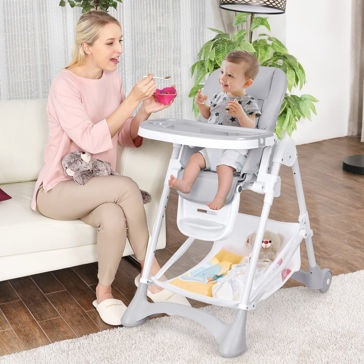 Baby Convertible Folding Adjustable High Chair with Wheel Tray Storage Basket-Gray-High Chairs-DECOROLALA