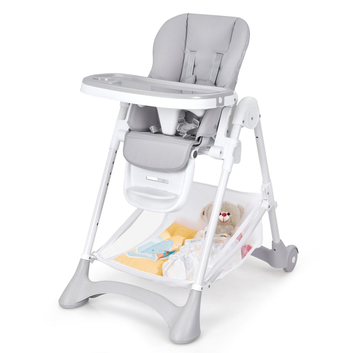 Baby Convertible Folding Adjustable High Chair with Wheel Tray Storage Basket-Gray-High Chairs-DECOROLALA