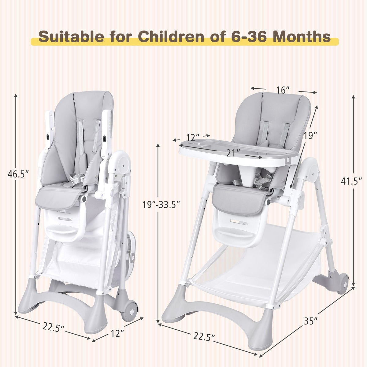 Baby Convertible Folding Adjustable High Chair with Wheel Tray Storage Basket-Gray-High Chairs-DECOROLALA